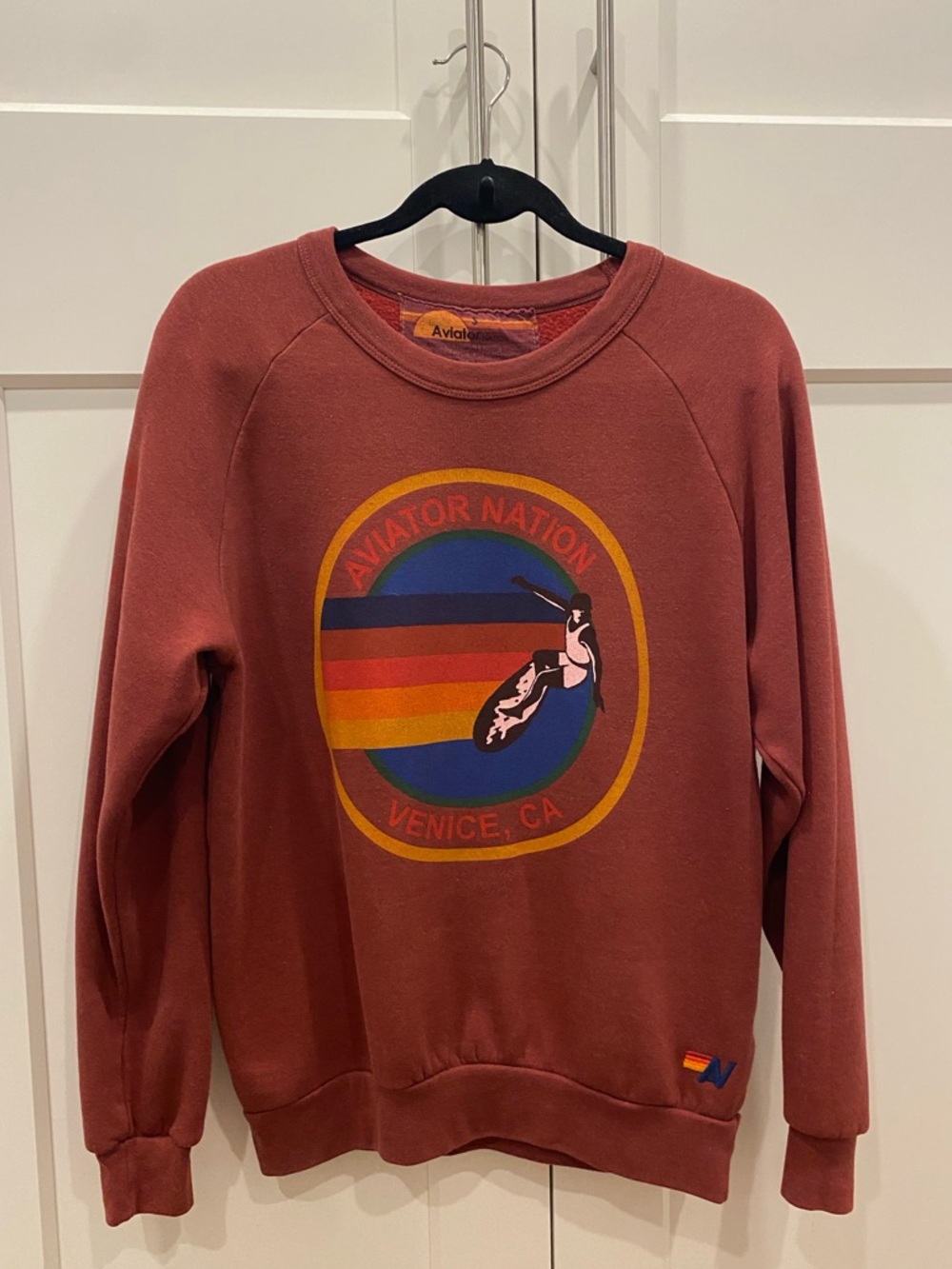 Aviator Nation Maroon Sweater with Multicolor Retro Stripe Logo